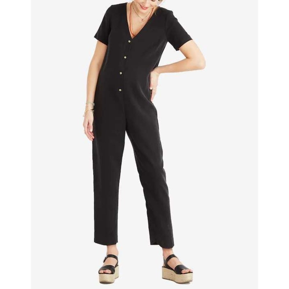 HATCH Noelle Maternity Jumpsuit 0 Black Tencel Linen Button Front Short Sleeve
